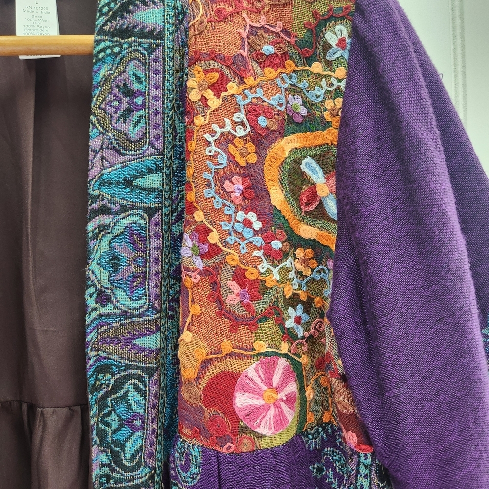 Soft Surroundings Embroidered Wool Open Front Blanket Style Boho Cardigan Size M - Picture 7 of 15
